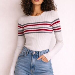 Hooked Up by IOT White Ribbed Long-Sleeve Top with Red and Gray Stripes